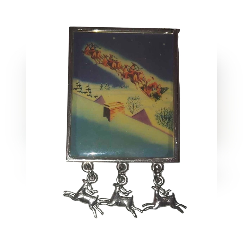 Vintage Christmas Santa Sleigh & Flying Reindeer Brooch with Dangling Charms